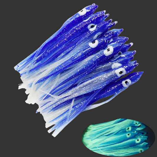 30pcs Luminous Octopus Trolling Skirts Soft Plastic Hoochie Bait Size: 1.97"/2.76"/3.54" (1.97"-30pcs Luminous Blue)