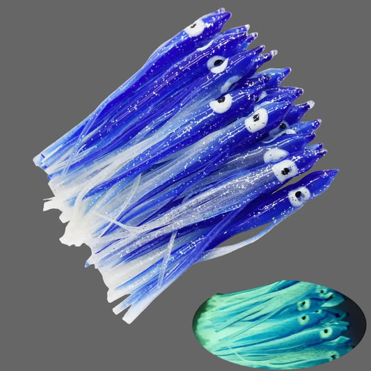 30pcs Luminous Octopus Trolling Skirts Soft Plastic Hoochie Bait Size: 1.97"/2.76"/3.54" (1.97"-30pcs Luminous Blue)