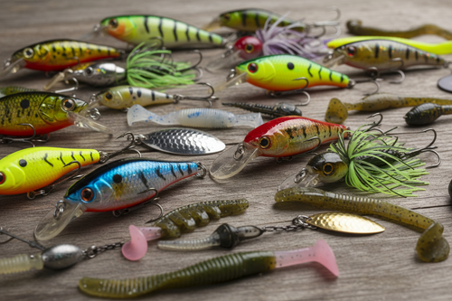 BASS FISHING LURES SPERATICALLY ARRANGED CLOSE UP