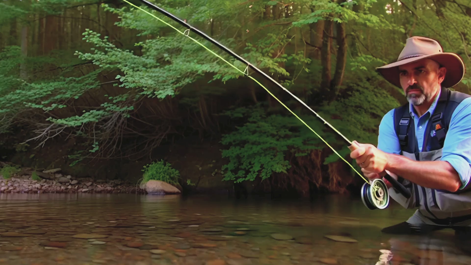 Load video: A man trout fishing and catching a big trout with a Toad Junkie Tackle fishing lure.